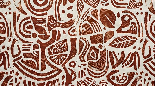 Abstract tribal woodblock print pattern with terracotta organic shapes and hand-carved texture on white background