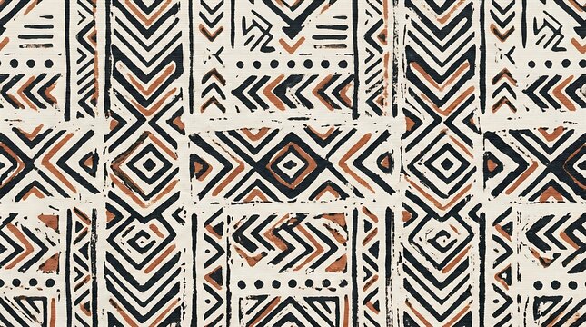 Seamless African mudcloth tribal pattern with hand-drawn geometric ethnic motifs in earthy terracotta and black