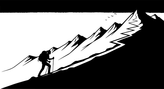 Hiker Climbing Switchback Trail Silhouette Vector Illustration

