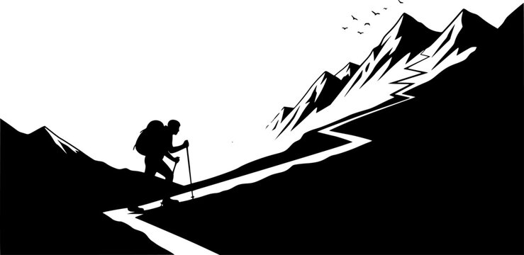 Hiker Climbing Switchback Trail Silhouette Vector Illustration
