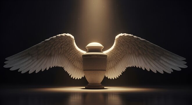 A sacred urn with feathered wings is illuminated by a divine light beam.