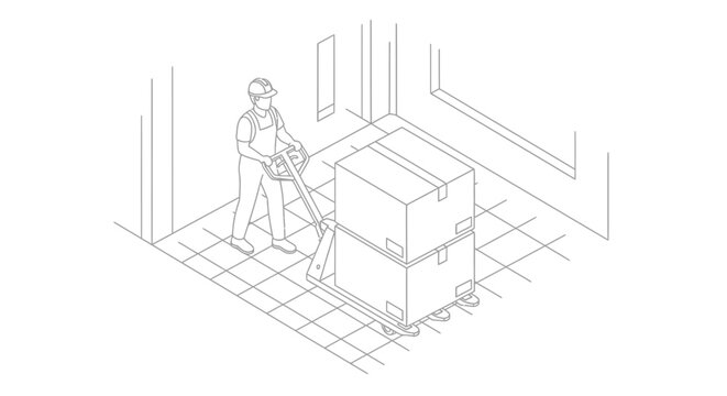 A worker in overalls and a hard hat uses a pallet jack to move stacked boxes in a warehouse or industrial setting.