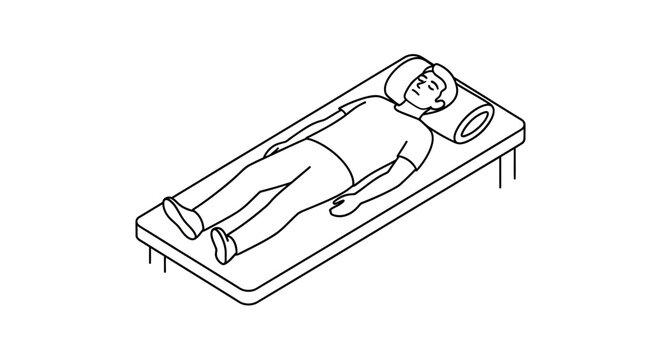 Line art illustration of a person lying supine on a medical examination table with a pillow.