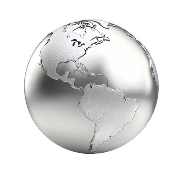 Highly detailed three dimensional rendering of a polished silver globe focusing sharply on the textured embossed continents of the Americas&nbsp;