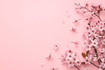 Naklejka premium Beautiful cherry plum tree blossoms on pink background, flat lay. Space for text