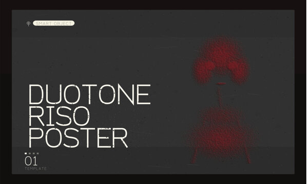 Duotone riso poster template with abstract red graphic, minimalist dark grey background, modern typography layout for creative events