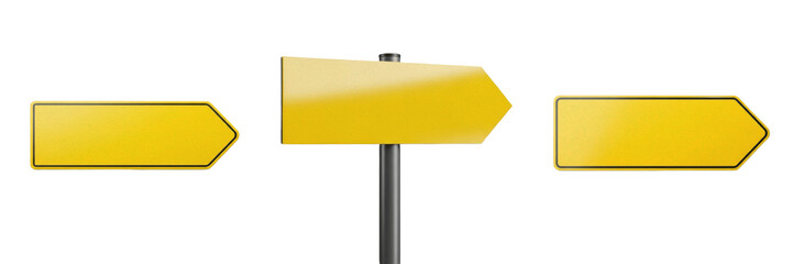 Blank Yellow Directional Sign Post Isolated on White Background Road Traffic Information Realistic 3D Render High Quality Transparent PNG Graphic Design Element © SoYEEC