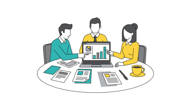 Three people discussing business data analysis.