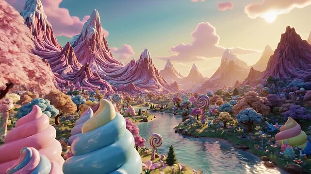 Vibrant Whimsical Candy-Land Valley with Lollipop Trees, Turquoise River, and Mountainous Peaks