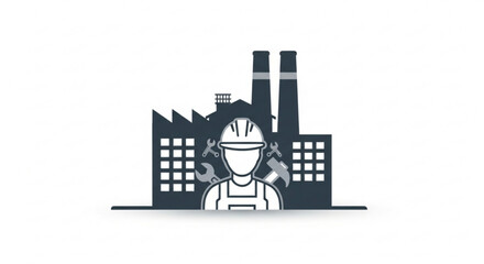 Obraz premium Construction worker with tools and factory building silhouette vector