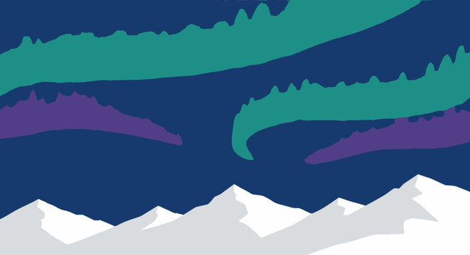 Abstract illustration of colorful aurora borealis lights over snow covered mountains