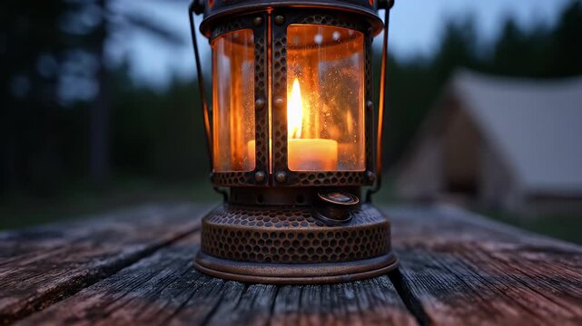 Vintage metal lantern glowing warmly on a weathered wooden table at campsite dusk