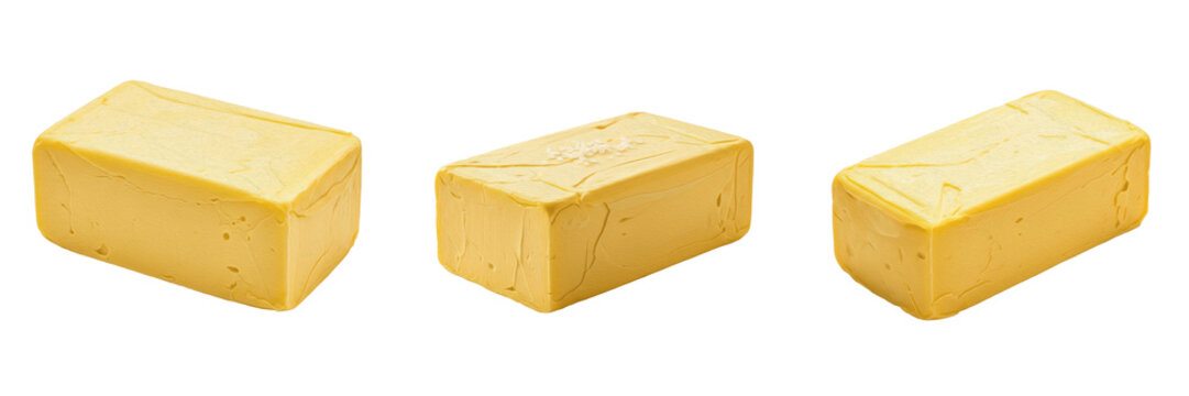 Solid Block of Yellow Butter or Cheese Isolated on White Background Dairy Food Ingredient Baking Realistic 3D Render High Quality Transparent PNG Graphic Design Element Image Set