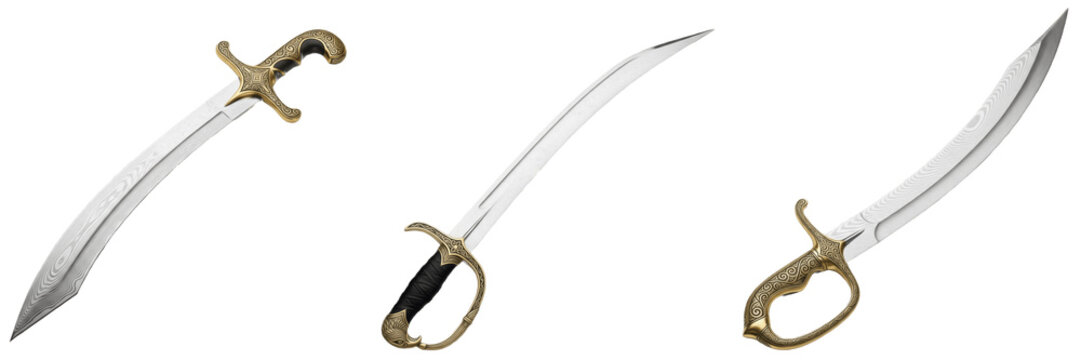 Ancient Steel Scimitar Sword Isolated on White Background Historic Weapon Blade Warrior Guard Realistic 3D Render High Quality Transparent PNG Graphic Design Element Image Set