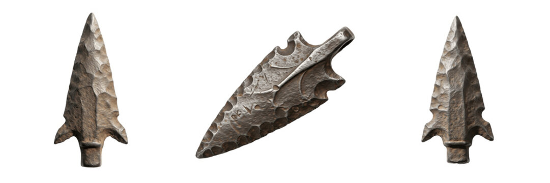 Ancient Flint Stone Arrowhead Isolated on White Background Archeology Historic Artifact Weapon Realistic 3D Render High Quality Transparent PNG Graphic Design Element Image Set