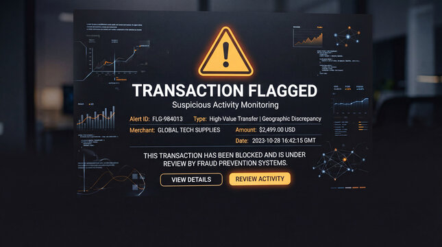 Financial fraud alert notification on digital screen interface  