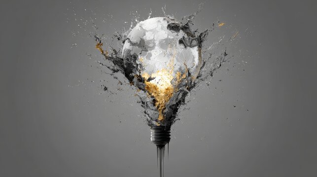 Shattered light bulb with gold fracture accents and minimal gray abstract background