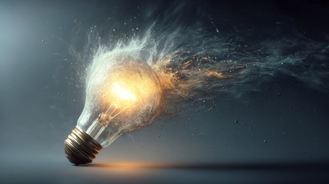 Exploding light bulb with glowing energy burst and dark blue abstract background