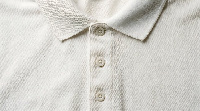 Close-up of elegant off-white knitted polo shirt with textured fabric and classic button placket