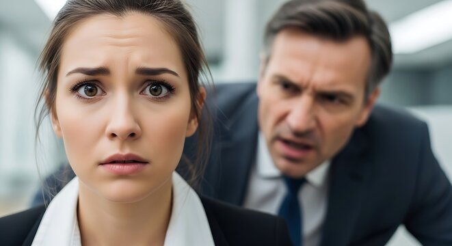 Upset employee with aggressive boss, workplace harassment and stress concept