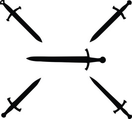 Obraz premium Set of black sword silhouettes arranged in cross patterns isolated on transparent background.