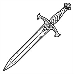 Obraz premium Single ornate knightly sword line art illustration with intricate hilt detailing.