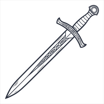 Single medieval sword illustration with ornate hilt and patterned blade on white background.