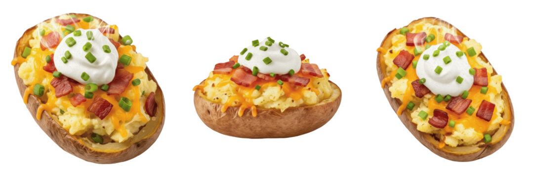 Gourmet Loaded Baked Potato with Sour Cream and Chives Isolated on White Background Delicious Side Dish Realistic 3D Render High Resolution Transparent PNG Graphic Design Element Set