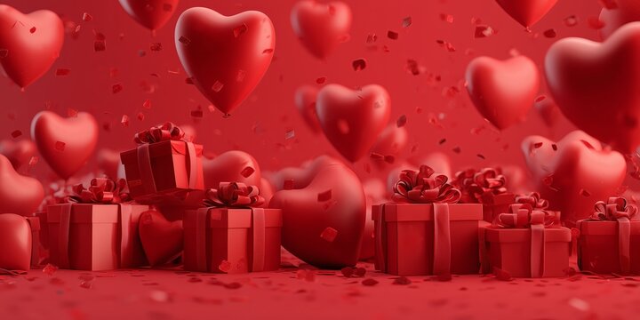 Festive Valentine composition with falling confetti, floating hearts, and wrapped gifts great for invitations and web headers