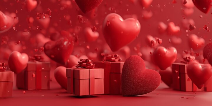 Festive Valentine composition with falling confetti, floating hearts, and wrapped gifts great for invitations and web headers