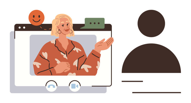 Video conferencing, remote work, online communication, social media, user profile, digital interaction. Female speaker on a virtual platform, profile icon on the side. Video conferencing and remote