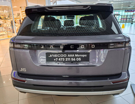 VORONEZH, Russia - April 11, 2026.JAECOO rear tailgate on display at car show in Russia featuring J6 model badging and brand name