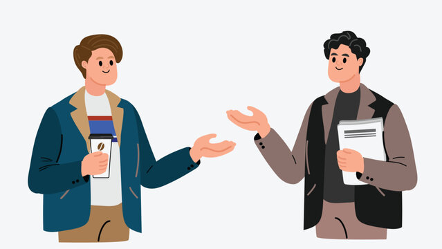 Man, Character explainer Two coworkers talking and sharing ideas in the workplace. Business communication, teamwork discussion, office collaboration and brainstorming flat vector illustration.