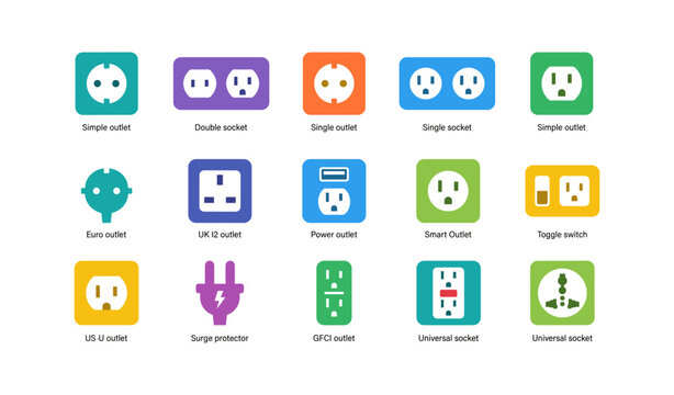 Assorted electrical outlet icons arranged in grid on white
