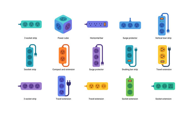 Power strip and socket icons of plug solutions on white background