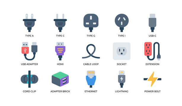 Collection of plug and cable icons arranged in labeled grid