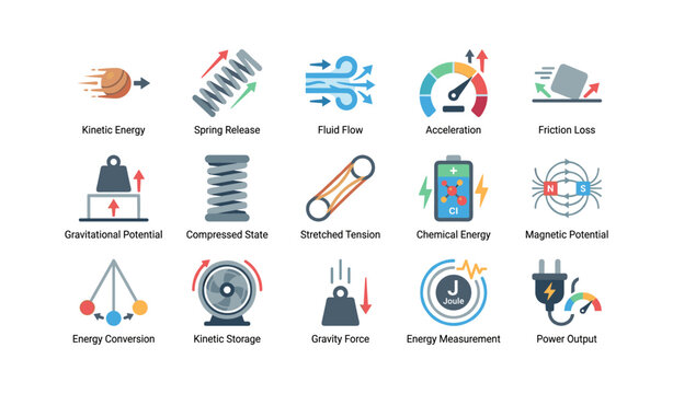 Energy concept icons showing forces and flows on white background