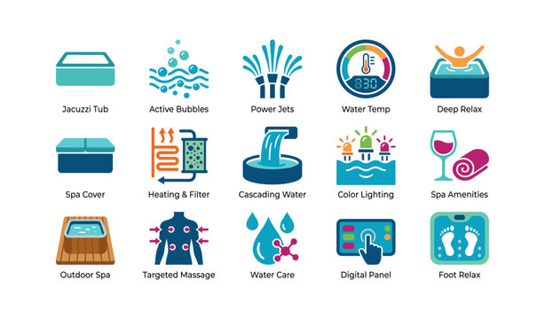 Spa and hot tub icons showing wellness features on white background
