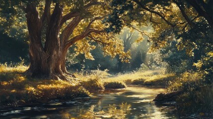Obraz premium Golden Sunlight Streams Through Forest Creek