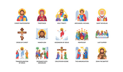 Fototapeta premium Christian icons and scenes arranged in grid on white background