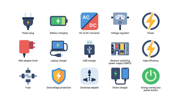 Power and charging icons arranged in grid on white background