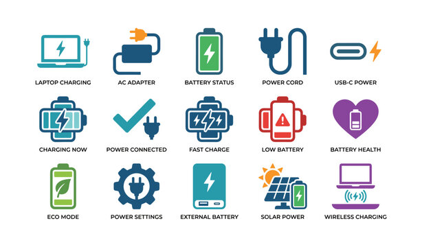 Power and battery icons showing charging and energy settings