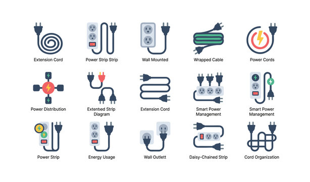 Power cords and extension icons arranged in grid layout