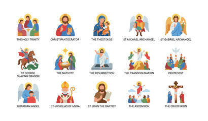 Fototapeta premium Christian saints and biblical event icons displayed in grid layout