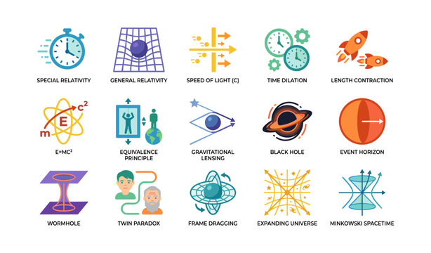 Relativity and cosmology icons displayed in grid on white background