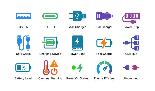 Power and charging icons showing ports cables and devices