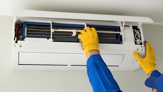 Professional technician in yellow gloves performing routine maintenance on a wall-mounted white air conditioning unit, ensuring optimal cooling performance and cleanliness for a comfortable indoor.