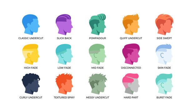 Male head silhouettes displaying haircut styles on white background
