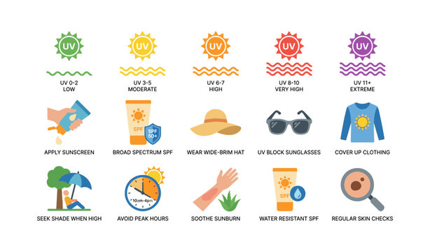 Sun safety icons displaying uv levels and sunscreen precautions