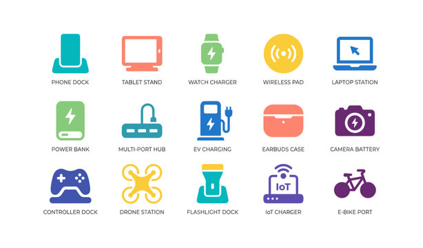 Collection of device dock icons representing chargers and stations